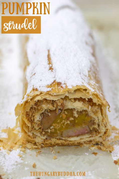 Pumpkin Strudel https://thehungarybuddha.com/2018/11/16/pumpkin-strudel/ | The Hungary Buddha Pumpkin Strudel, Whipped Cream Pie, Fall Creations, Sweet Pastry, Traditional Pumpkin, Sugar Pumpkin, Spiced Pumpkin, Flaky Pastry, Recipe Community