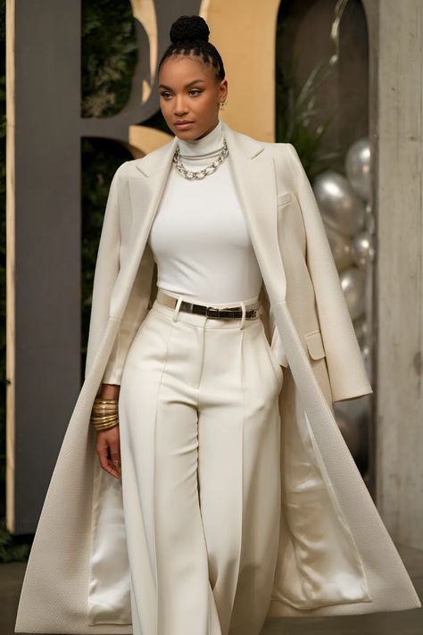 24 Most Stylish Winter Birthday Outfits For Black Women Winter White Suits For Women, Fashion Blazers For Women, Sophisticated Winter Outfits Classy, All White Woman Outfit, Polished Clothing Style, Chic Looks For Women Classy, Black Power Outfit, Elegant Black Women Outfits, All Cream Outfits For Women