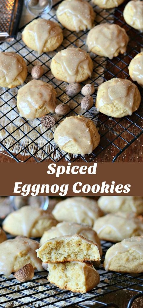 Eggnog Cookies with Eggnog Glaze. Soft little cookies made with eggnog and nutmeg and topped with an easy, sweet eggnog glaze. #cookies #eggnog #dessert Royal Desserts, Egg Nog Cookies Recipe, Gooseberry Pie, Eggnog Glaze, Eggnog Dessert, Spiced Eggnog, Salted Caramel Pretzels, Chocolate Chip Shortbread Cookies, Eggnog Cookies