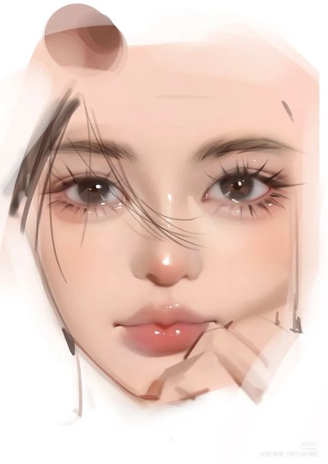 Color Face Drawing Digital Art, Soft Semi Realistic Art, Eyebrows Digital Art, Korean Face Drawing, Semi Realistic Drawing Digital, Female Face Base, Semirealistic Drawing, Korean Digital Art, Semi Realistic Eyes