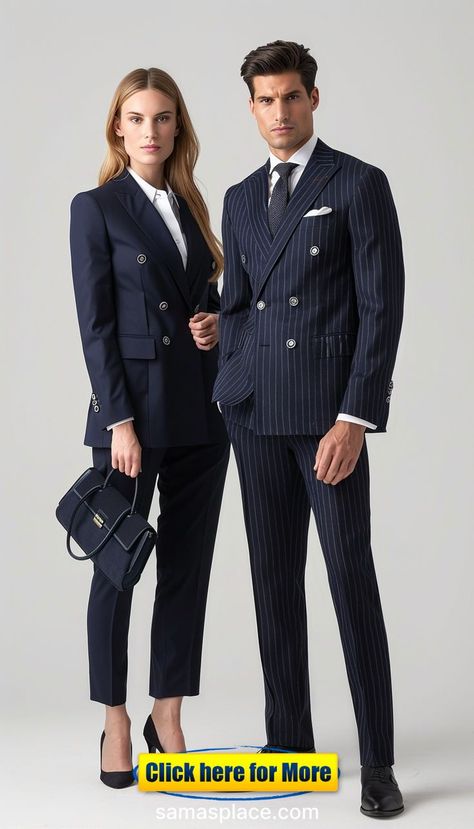 Achieve a classic and contemporary look with these elegant navy blazers and trousers, perfect for the modern couple. The rich navy color exudes sophistication and style, making this ensemble ideal for formal events, weddings, or upscale gatherings. The tailored blazers and slim-fit trousers offer a flattering silhouette, ensuring you and your partner look polished and coordinated. Matching Outfits For Couples Formal, Casino Uniform, Female Suits, Coordinated Outfits, Trouser Outfit, Couple Style, Stylish Blazer, Tailored Blazer, Fashion Couple