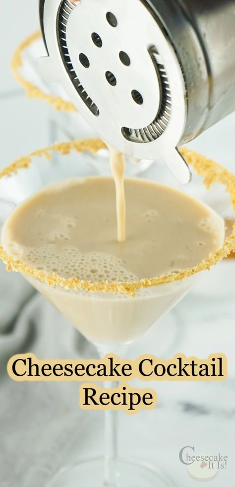 Cheesecake Cocktail Recipe (aka Cheesecake Martini) - Cheesecake It Is! Cherry Cheesecake Martini, Lemon Cheesecake Martini, Strawberry Cheesecake Cocktail, Cheesecake Martini Recipe, Lemon Cheesecake Cocktail, Cheesecake Cocktail, Cake Batter Martini, Cheesecake Martini, Bartender Drinks Recipes