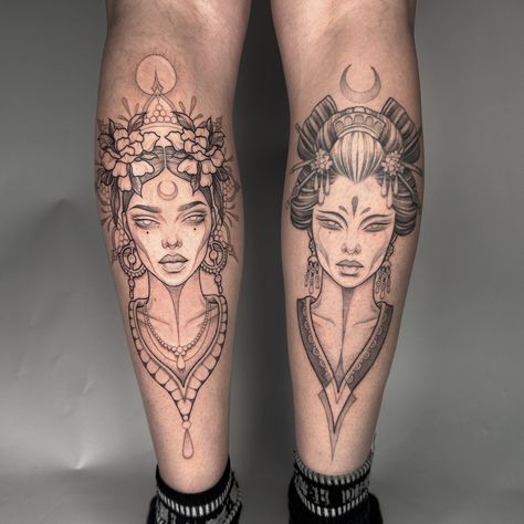 Left fresh, right healed on Millie. Love a ‘same but different’ pair, thanks for letting me do these! . . #tattoo #tattoos #goddesstattoo #geishatattoo #floraltattoo #flowertattoo #brightontattooartist Priestess Tattoo, Geisha Tattoo, Same But Different, Laura May, Goddess Tattoo, May 22, Love A, Tattoo Artists, Flower Tattoo