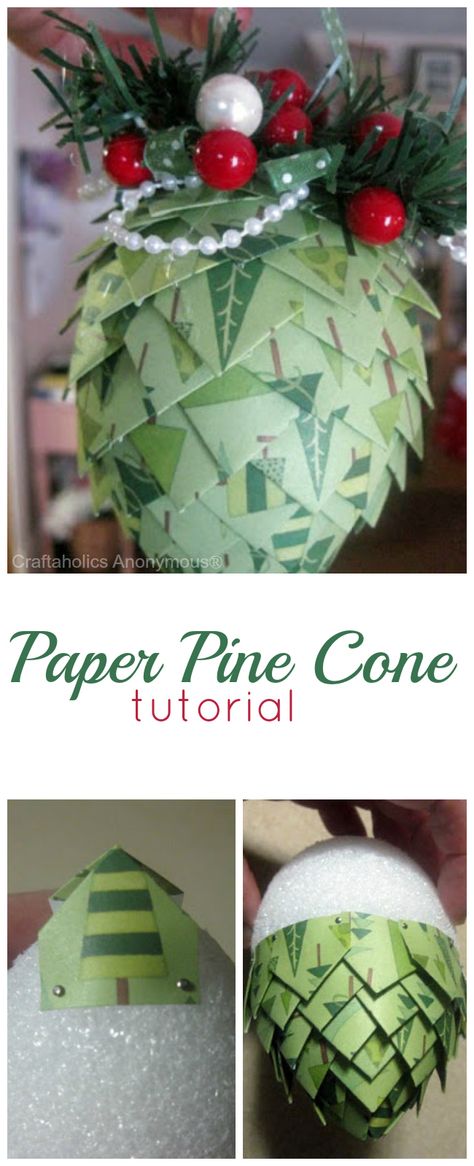 Craftaholics Anonymous® | RTW: Paper Pine Cones TUTORIAL Diy Paper Pine Cone Ornaments, Paper Pinecones How To Make A, How To Make A Paper Pinecone, Diy Paper Pinecone Ornaments, Paper Pine Cone Ornament, How To Make Paper Pinecones, Diy Paper Pinecones, Paper Pinecone Ornaments, Paper Pinecones Diy