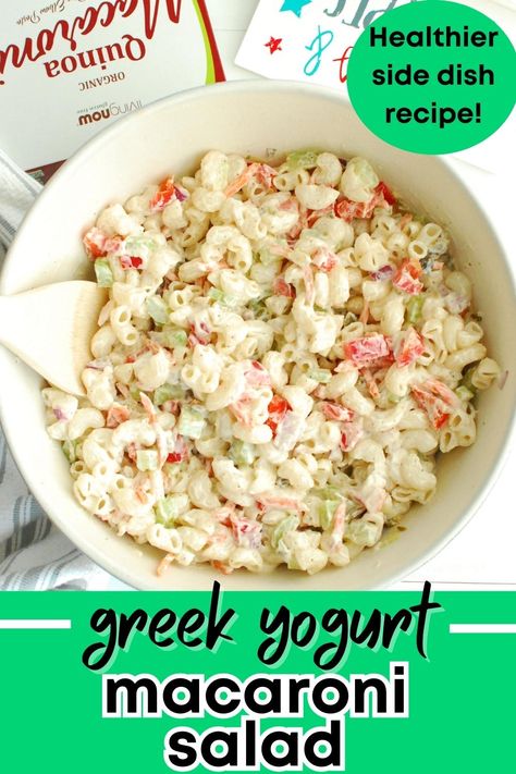 A bowl of greek yogurt macaroni salad with a text overlay with the name of the recipe and a bubble text box that says healthier side dish recipe. Greek Macaroni Salad, Macaroni Salad With Greek Yogurt, Macaroni Salad Healthy, Greek Yogurt Macaroni Salad, Gluten Free Macaroni Salad Recipe, Mac And Cheese With Greek Yogurt, Healthier Macaroni Salad, Low Fodmap Macaroni Salad, Healthy Macaroni Salad