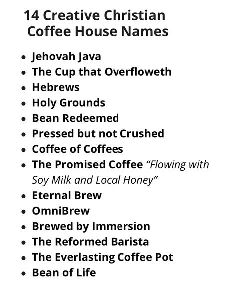 Simple Coffee Menu Ideas, Church Cafe Ideas, Cute Coffee Shop Names, Christian Cafe Ideas, Christian Coffee Shop Ideas, Christian Coffee Shop Names, Christian Restaurant, Church Cafe Design, Christian Coffee Shop