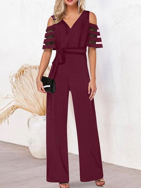 Sku CY-!144178 Material 70% Polyester Style Loose , Wide Leg , High Waisted Feature Tied Waist , Mesh , Hollow , Solid Color Neckline V-neck Occasion Stylish Selection , Leisure Fashion Seasons Spring , Summer Type Jumpsuits Color GREEN,BLACK,BURGUNDY,DEEP BLUE Size S,M,L,XL,2XL Please consult the size chart we provide for this item's measurements to help you decide which size to buy.Please note: There may be 1-3cm differ due to manual measurement. CMINCH Bust Waist Shoulder Length S 96 66 35 13 Patchwork Sleeves, Burgundy Jumpsuit, Jumpsuit Dressy, Leisure Fashion, Clothing Details, Cardigan Tops, Fashion Seasons, Types Of Collars, Leg Pants