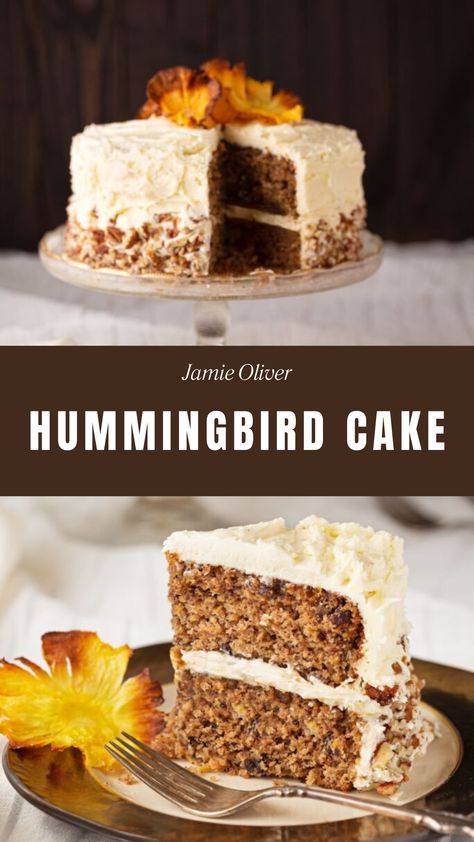 Jamie Oliver’s Hummingbird Cake Jamie Oliver Hummingbird Cake, Harvest Cake, Hummingbird Cake, Sugar Icing, Jamie Oliver Recipes, Jamie Oliver, Banana Cake, Cake Flavors, Cakes And More