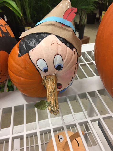 Pinocchio pumpkin Painting Ideas For Halloween, Pumpkins Decorating, No Carve Pumpkin Decorating Ideas, Labu Halloween, Pumkin Decoration, No Carve Pumpkin, Carve Pumpkins, Creative Pumpkin Painting, Creative Pumpkin Decorating