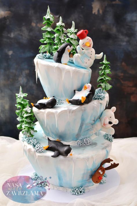 Funny Winter Cake by Nasa Mala Zavrzlama Winter Themed Cake, Painted Birthday Cake, Winter Torte, Extreme Cakes, Teddy Bear Cake, Christmas Themed Cake, Penguin Cakes, Snowman Cake, Christmas Cake Designs