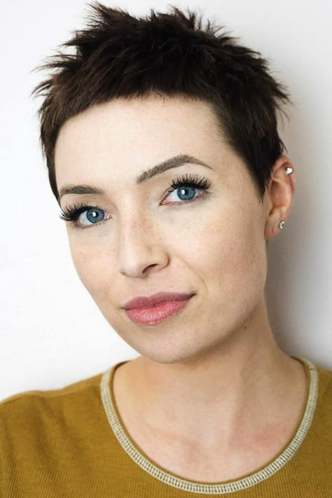 Pixie Cut: 170 Ideas to Try in 2024 Pixie With Micro Bangs, Micro Pixie, Curly Brunette, Micro Bangs, Short Punk Hair, Hairstyles For Fat Faces, Textured Pixie, Crop Hair, Trendy Short Haircuts