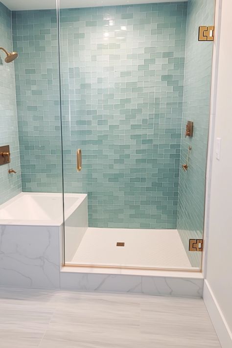 Blue Green Bathroom Tile Ideas, Bathroom Tile Ideas Coastal, Seaglass Shower Tile, Bathroom Tile Coastal, Non Glass Shower Ideas, Beachy Bathroom Tile, Coastal Modern Bathroom Design, Light Blue Tile Bathroom Ideas, Coastal Bathroom Remodel Ideas