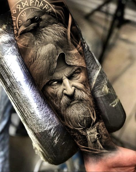 Odin Realistic Tattoo, Viking Ship Tattoo Sleeve, Thor Tattoo Norse Mythology, Odin Tattoo Design, Warrior Tattoos For Men, Odin Face, Viking Sleeve, Viking Ship Tattoo, Tattoo Odin