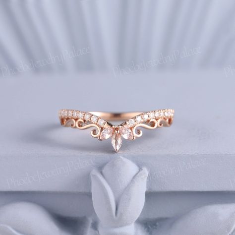 Natural Morganite Curved Wedding Band Marquise Rose Gold Diamond Band Vintage Wedding Band Moissanite Stacking Matching Chevron Band Custom PRODUCT SUMMARY Metal Type: yellow, white or rose solid 10K/14K or 18k gold. Size: All sizes are available, contact me if they do not contain the size you want in the drop-down menu. ☪☪Wedding band ⚜Stone - Natural Morganite Cut - Marquise  Weight - 0.14ct Color - Light Pink ⚜Stone - Moissanite or natural diamond Cut - Round Weight - 0.18ct  Clarity - SI-VS Wedding Ring Goals, Morganite Wedding Band, Wedding Band Marquise, Rose Gold Diamond Band, Gold Diamond Band, Rose Gold Accents, Vintage Wedding Band, Rose Gold Wedding Bands, Curved Wedding Band