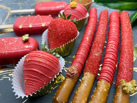 Red Chocolate Covered Pretzels, Red And Gold Chocolate Covered Pretzels, Chocolate Covered Pretzels Birthday, Rose Gold Chocolate Covered Pretzels, Chocolate Covered Pretzel Rods Birthday, Choco Covered Pretzels, Chocolate Dipped Pretzels, Red Chocolate, White Baby Showers