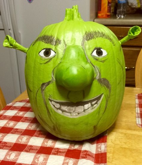 Shrek pumpkin I painted for my mother-in-law. Halloween 2015. #shrek #pumpkin #decorating #ideas #Halloween #character #ogre #fun #kids #diy #art #crafts #nocarve #painted Halloween Decorated Pumpkins, Megamind Pumpkin, Funny Pumpkins Painting, Pumpkin Carving Ideas Shrek, Shrek Pumpkin Painting, Hard Pumpkin Painting Ideas, Funny Pumpkin Painting Ideas Hilarious, Carving Ideas For Pumpkins, Pumpkin Painting Ideas Marvel