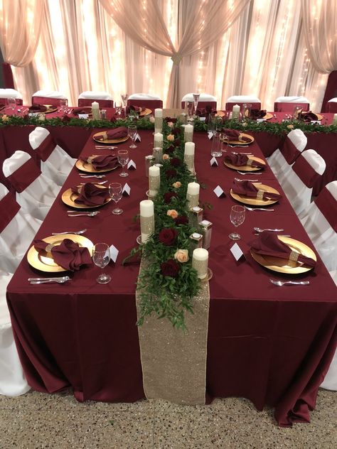 Burgundy Table Cloth With Gold Runner, Wine Color Party Decorations, Burgundy Tablecloth With Gold Runner, Burgundy Gold And White Party Decor, Wine Red Party Decorations, Maroon Decorations Parties, Burgundy And Gold Quinceanera Theme Decorations, Burgundy Tablecloth Wedding, Quince Decorations Burgundy