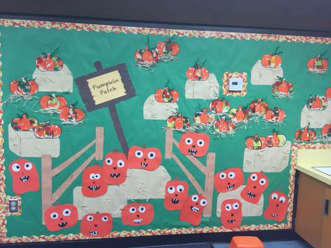 Pumpkin patch Apple Theme Classroom, Story Book Pumpkin, Apple Classroom, Halloween Bulletin Boards, Scarecrow Crafts, Fall Party Themes, Fall Writing, Apple Theme, Elementary Art Projects