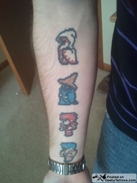 Final-Fantasy-four 8 Bit Tattoo, Final Fantasy Tattoo, Pixel Tattoo, Game Tattoo, Video Game Tattoos, Gamer Tattoos, Video Game Tattoo, Movie Tattoos, Pokemon Tattoo