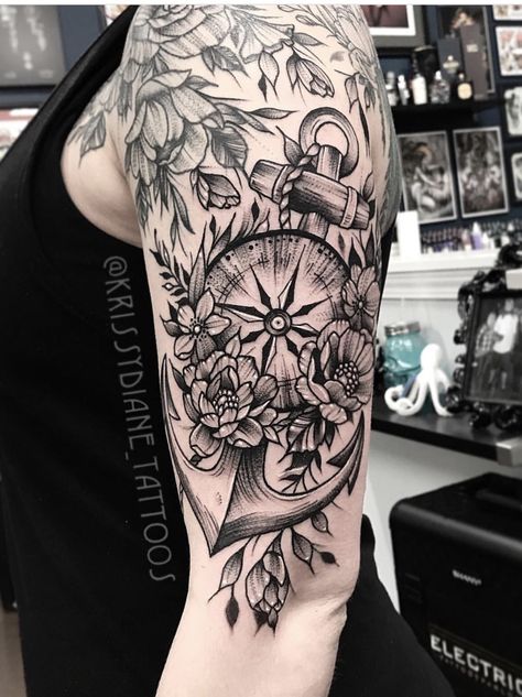 Anchor Flowers Tattoo, Anchor Mandala Tattoo, Mandala Anchor Tattoo, Female Nautical Tattoos, Floral Compass Tattoo Half Sleeves, Compass And Anchor Tattoo Feminine, Compass Tattoo Feminine Half Sleeves, Nautical Flower Tattoo, Nautical Floral Tattoo