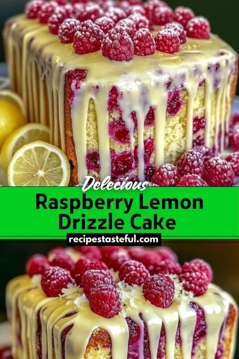 A delightful balance of tart and sweet, this Raspberry Lemon Drizzle Cake features juicy raspberries baked into a soft, lemony cake, topped with a luscious lemon glaze. Raspberry Drizzle, Raspberry Lemon Cake, Raspberry Glaze, Raspberry Yogurt, Glaze For Cake, Lemon Drizzle Cake, Lemon Bundt Cake, Drizzle Cake, Raspberry Recipes