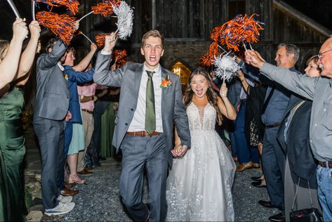 Pom Pom Wedding, Wedding Pom Poms, Football Wedding, Wedding Exit, Wedding Send Off, Wedding Exits, Football Fans, College Football, Pom Pom