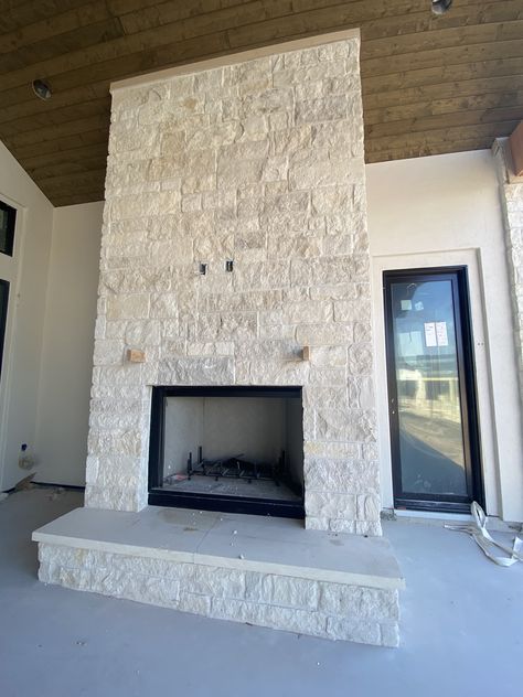 Limestone Fireplace With Wood Mantle, Stone Fireplace With Stone Mantle, Traditional Stone Fireplace, Simple Stone Fireplace, Backyard Shed Bar Ideas, Large Stone Fireplace, Shed Bar Ideas, Stone Mantle, Wood Mantle Fireplace