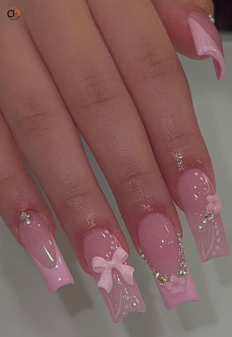 #Nails #PinkNails Pink Nails Ideas With Charms, Plain Birthday Nails, Nail Designs Baby Pink, 16 Birthday Nails Acrylic, Light Pink Birthday Nails, Quince Pink Nails, Pink Nails Quince, Pink Graduation Nails, Pink Sweet 16 Nails