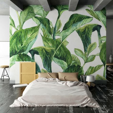 urban jungle #bedroom - Myloview tropical leaves wall mural Tropical Bedrooms, Bedroom Murals, Trendy Bedroom, Tropical Theme, Design Del Prodotto, Bedroom Green, Bedroom Paint, Farmhouse Wall Decor, Urban Jungle