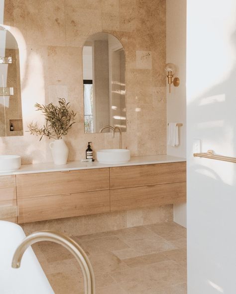 Afternoon light is my favourite 🤍 | Instagram French Pattern Travertine, Travertine Tile Bathroom, Cosy Bathroom, Organic Modern Bathroom, Travertine Bathroom, National Tiles, Tranquil Bathroom, Natural Bathroom, Afternoon Light