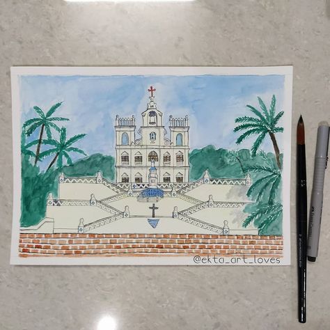 Urban Sketching-Immaculate Conception Church, Goa Goa Church, Library Drawing, Immaculate Conception Church, Travel Drawing, Self Inspirational Quotes, Immaculate Conception, Shadow Art, Journal Art, Urban Sketching