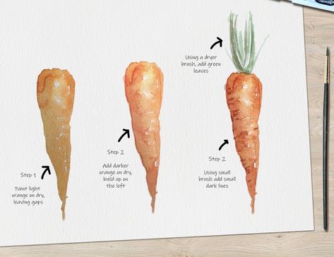 Carrot Watercolor Tutorial Watercolor Art For Beginners Simple, Carrot Watercolor, Watercolor Art Tutorial, Akvarel Illustration, Watercolor Art For Beginners, Watercolor Art Face, Watercolor Art Landscape, Step By Step Watercolor, Watercolor Beginner