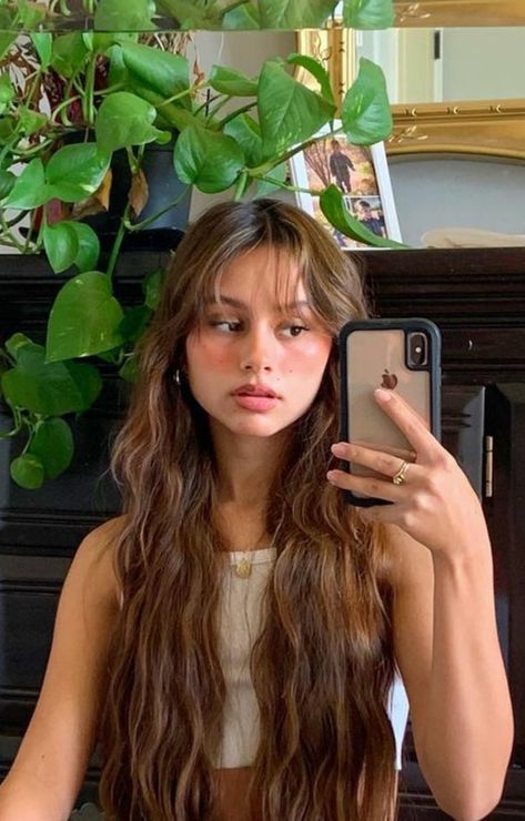 Wispy Long Layered Haircut, Bangs Ideas For Wavy Hair, Very Whispy Front Bangs, Wispy Bangs Brunette Long Hair, Wispy Bangs To The Side, Wispy Fringe Bangs With Layers, Side Wispy Bangs Long Hair, Long Brown Hair Side Bangs, Long Brown Hair Wispy Bangs