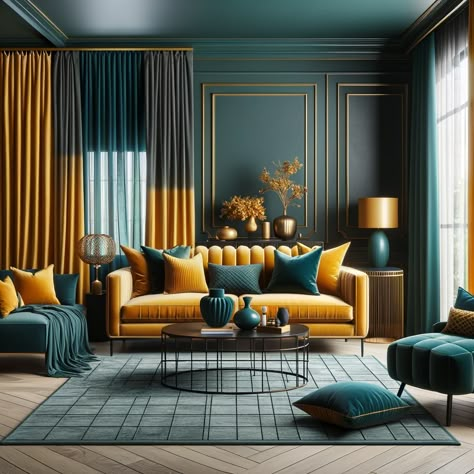 16 Perfectly Paired Colors to Accentuate Mustard Yellow Decor Mustard Colour Combinations, Mustard Living Room Decor, Bedroom Interior Colour, Mustard Living Rooms, Mustard Yellow Decor, Mustard Yellow Walls, Bold Living Room, Teal Interiors, Yellow Colour Scheme