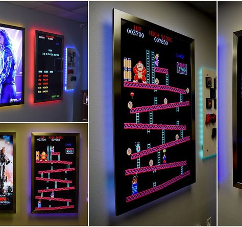 Retro Arcade Game Board Wall Mounted Arcade, Home Theater Game Room, Old School Arcade Games, Theater Game Room, Framing A Basement, In Home Theater, Poster Boards, Retro Games Room, Home Theater Installation