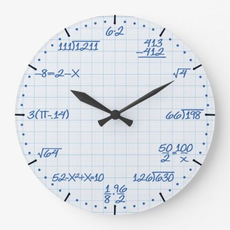 Mathematical Equations Clock A unique mathematical equations graph paper decorative wall clock. A great addition to any home, school or office. Also makes a great gift idea for any teacher or professor. - personal template present. Click thru to create your special gift. #MathNerdGift #PromotionAd #KidsAndMoneyToday Math Clock, Clock Drawings, Big Clocks, Retail Ideas, Decorative Wall Clock, Math Charts, Mathematical Equations, Math Geek, Teaching Chemistry