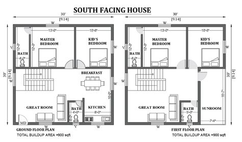 30'x30' south facing house design as per Vastu shastra is given in this FREE 2D Autocad drawing file. The total built-up area of the plan is 900sqft. download this 2D Autocad drawing file. South Facing Duplex House Plans, 900 Sqft House Plan, South Facing House Plans Vastu, North Facing House Plan, 2d Autocad Drawing, Flat House Design, Residential Building Plan, South Facing House, West Facing House