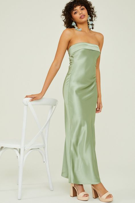 Paityn Strapless Maxi in Sage | Altar'd State Light Green Hoco Dress Long, Green Satin Maxi Dress, Light Green Bridesmaid Dresses, Burgundy Satin Dress, Hunter Green Dress, Green Strapless Dress, Strapless Bridesmaid Dress, Silk Strapless Dress, Bridesmaids Ideas