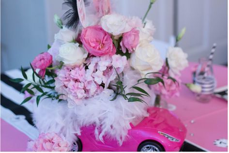 Barbie Tablescape, 37 Birthday, Square Glass Vase, Barbie Theme Party, Barbie Car, Italian Ruscus, Barbie Birthday Party, Barbie Theme, Striped Table Runner