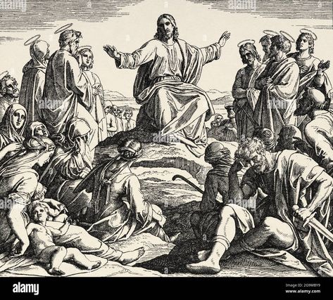 Download this stock image: Sermon on the Mount. Our Lord Jesus preached the eight Beatitudes. Matthew book, New Testament Sacred biblical history. Old engraving from the book Historia Sagrada 1920 Juan Lagui Lliteras - 2G9MBY9 from Alamy's library of millions of high resolution stock photos, illustrations and vectors.