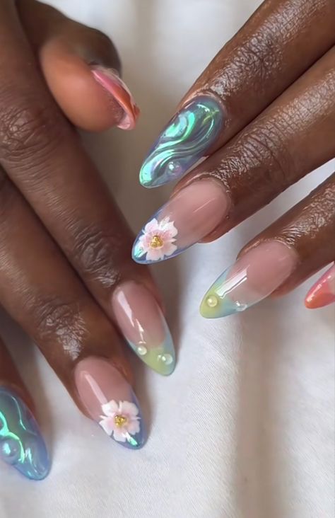 Flower Fairy Nails, Silvermist Inspired Nails, Ponyo Inspired Nails, 3d Water Nails, Pond Nail Art, Lily Pad Nail Art, Avatar Inspired Nails, Claude Monet Nails, Lily Pad Nails