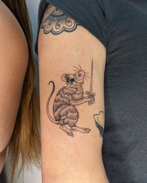 The Tale Of Despereaux Tattoo, Tale Of Despereaux Tattoo, Rat Tattoo American Traditional, Reepicheep Tattoo, Fun Animal Tattoo, Tortoise And The Hare Tattoo, Redwall Tattoos, Despereaux Tattoo, Animals With Knives Tattoos