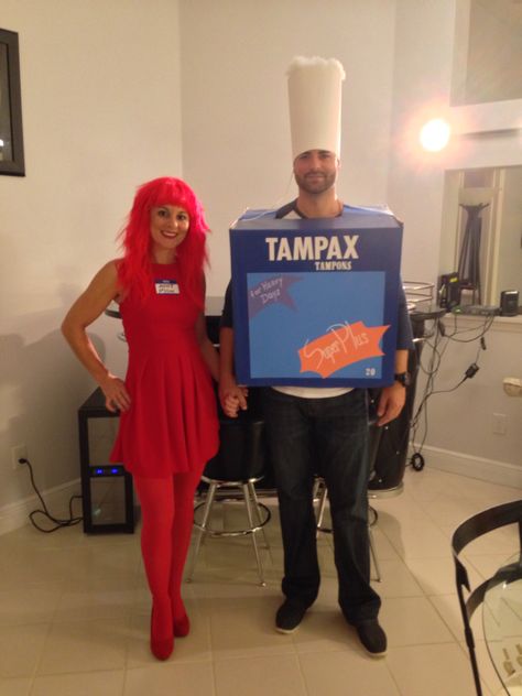 Halloween Costume! Aunt Flow and Tampax! Best Costume! 4 Matching Costumes, Not Cringe Couple Costumes, Tampon Halloween Costume, Golden Costume Ideas, Couple Halloween Costumes 2022 Funny, Funny Two Person Halloween Costumes, Fun Duo Halloween Costumes, Interracial Halloween Costumes, Homemade Halloween Costumes For Couples