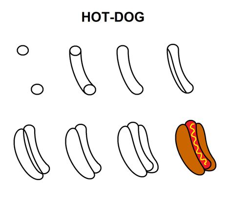 Step-by-step tutorial to draw a hot-dog How To Draw A Hot Dog, Hot Dog Doodle, Cute Hot Dog Drawing, Hot Dog Chalkboard Art, Hot Dog Cartoon, Hot Dog Drawing, Dog Doodles Simple Step By Step, Dog Drawing For Kids, Dog Drawing Simple