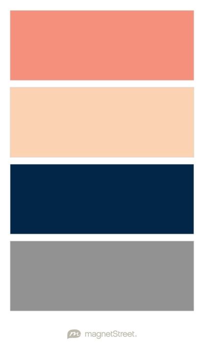 Maybe Coral and not peach Coral, Peach, Navy, and Classic Gray Coral Color Schemes, Coral Colour Palette, Custom Refrigerator, Gold Wedding Colors, Wedding Color Trends, Grey Color Scheme, Wedding Colors Blue, Bedroom Color Schemes, Wedding Color Palette