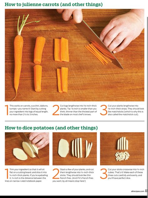 Techniques -  How to Julienne Carrots (or other veggies) & How to Dice How To Dice Potatoes, How To Julienne Carrots, Julienne Carrots, Culinary Basics, Facs Classroom, Culinary Lessons, Knife Skills, Culinary Cooking, Homemade Sauce Recipes