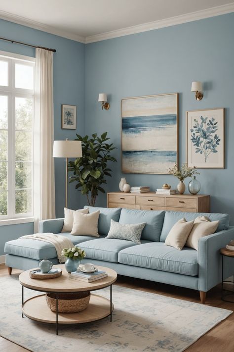 Gray And Light Blue Living Room, Scandinavian Blue Living Room, Beach Living Room Decor Coastal Colors, Tranquil Living Room Ideas, Light Blue And Brown Living Room, Light Blue Couch Living Room Ideas, Blue And Neutral Living Room, Neutral And Blue Living Room, Light Blue Living Room Ideas