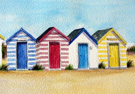 Beach Hut Painting, Beach Illustration Drawing, Beach Huts Art, Seaside Art, Beach Illustration, Watercolour Inspiration, Beach Huts, Watercolor Paintings Easy, Seaside Beach