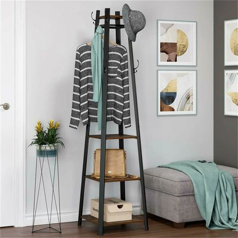 Latitude Run® Coat Rack 16.9291'' Wide 8 - Hook Freestanding Coat Rack with Storage in Brown & Reviews | Wayfair Industrial Coat Rack, Hallway Shelf, Entryway Hall Tree, Free Standing Coat Rack, Coat Rack With Storage, Vintage Coat Rack, Shelf Furniture, Standing Coat Rack, Coat Stand