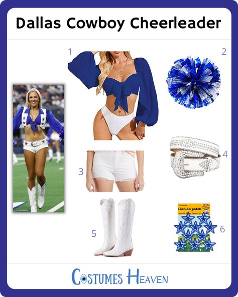 Diy Dallas Cowboys Cheerleader Costume, Dallas Cowboys Cheerleaders Costume, Cheerleading Diy, Dallas Cowboys Cheerleader Costume, Dallas Cowboy Cheerleader, Cheerleader Halloween, Dallas Cheerleaders, White Cowboy Hat, Halloween Group